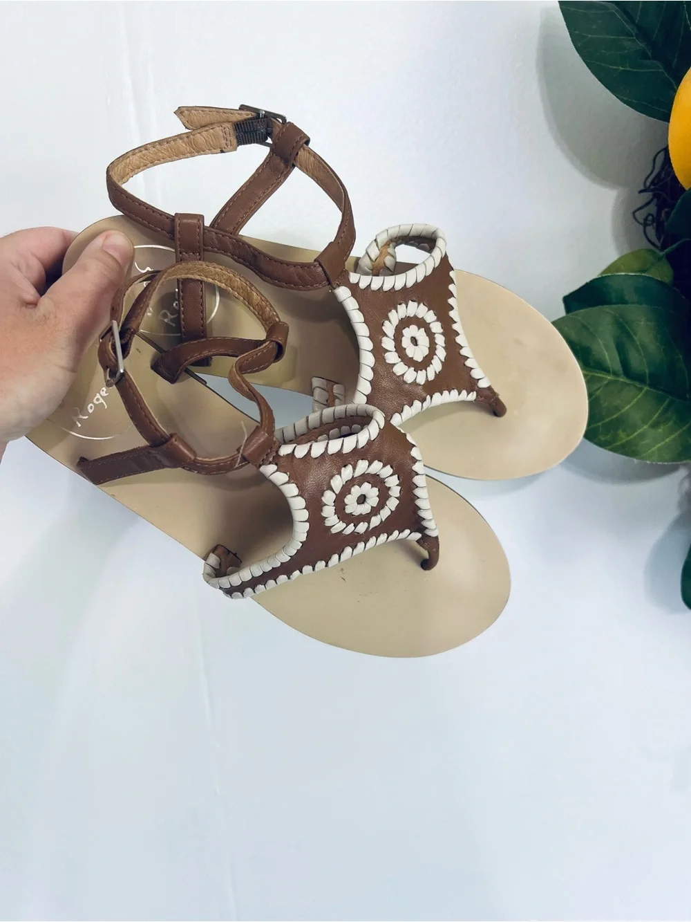 Jack Rogers Macie leather sandals brown and beige stitching ankle closure